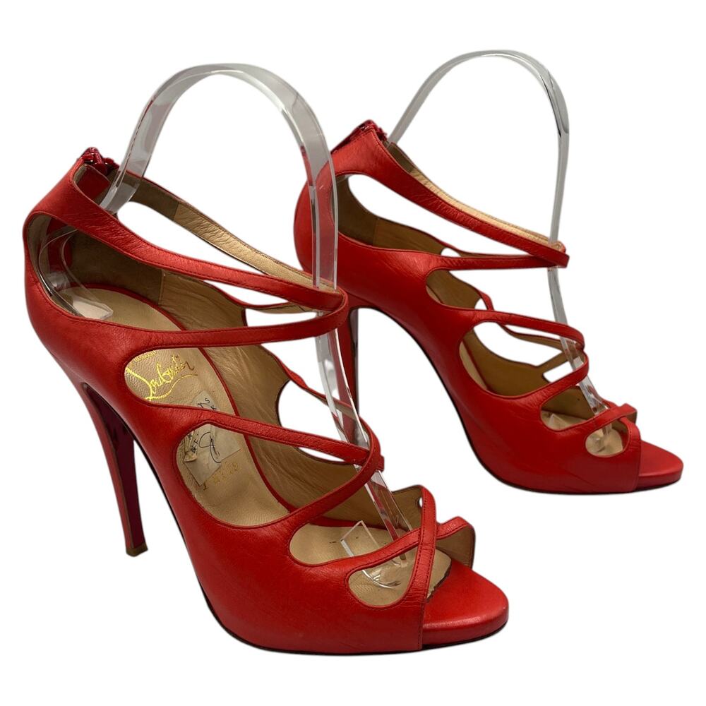 Christian Louboutin Pumps Strappy Stiletto Heels Peep Toe Red Orange Size 38 / 8